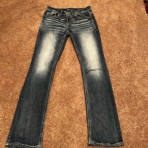 BKE men’s jeans, darker wash with distressed coloring on thigh area. Size 29x34